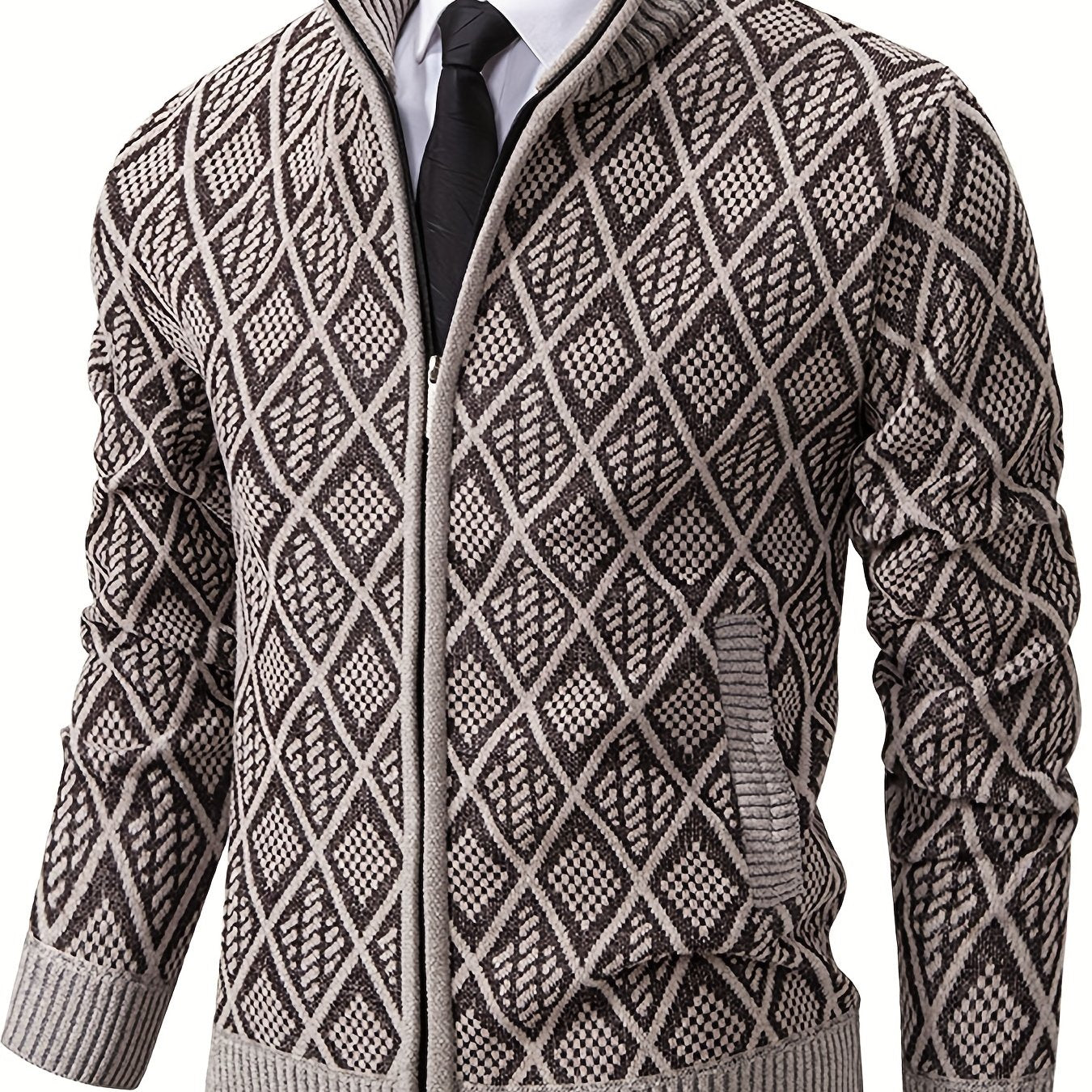 Herren Strickjacke mit Stehkragen, Reißverschluss und Rautenmuster