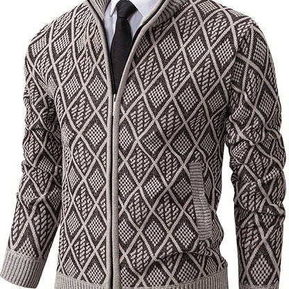 Herren Strickjacke mit Stehkragen, Reißverschluss und Rautenmuster