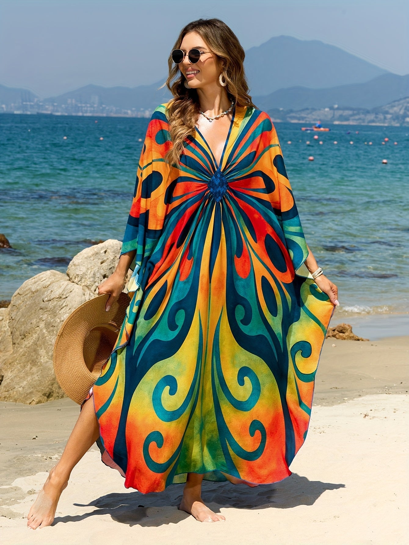 Damen Kaftan Maxi Strandkleid mit Schmetterlings-Print – Boho Urlaubs-Outfit