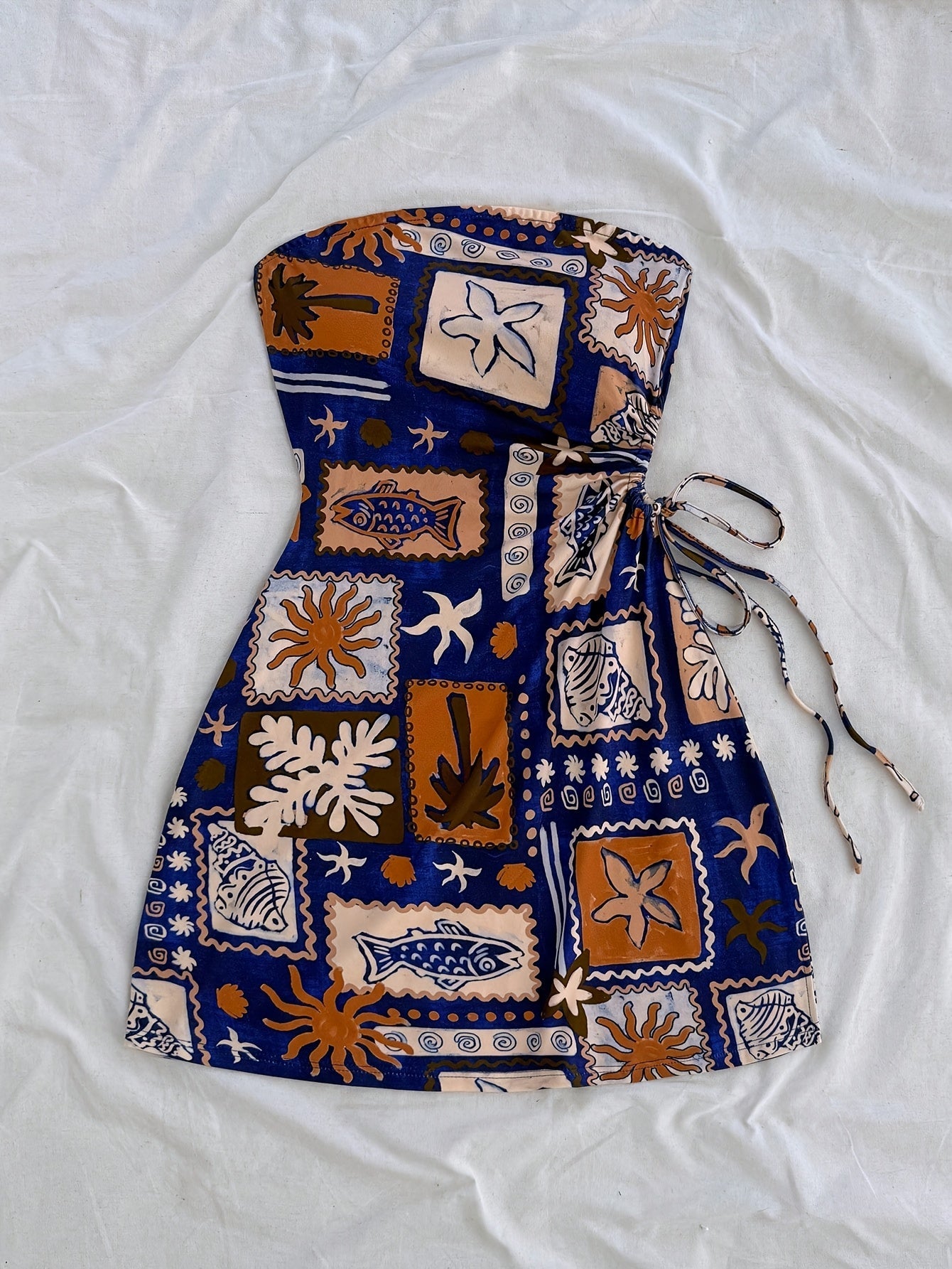 Damen Bandeau Minikleid mit tropischem Print und seitlicher Schleife – Strand- und Urlaubsoutfit