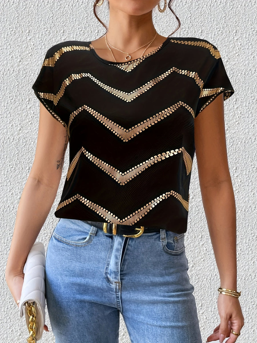 Damen Elegantes Batwing Top mit Metallic-Zickzackmuster für Alltag und Party