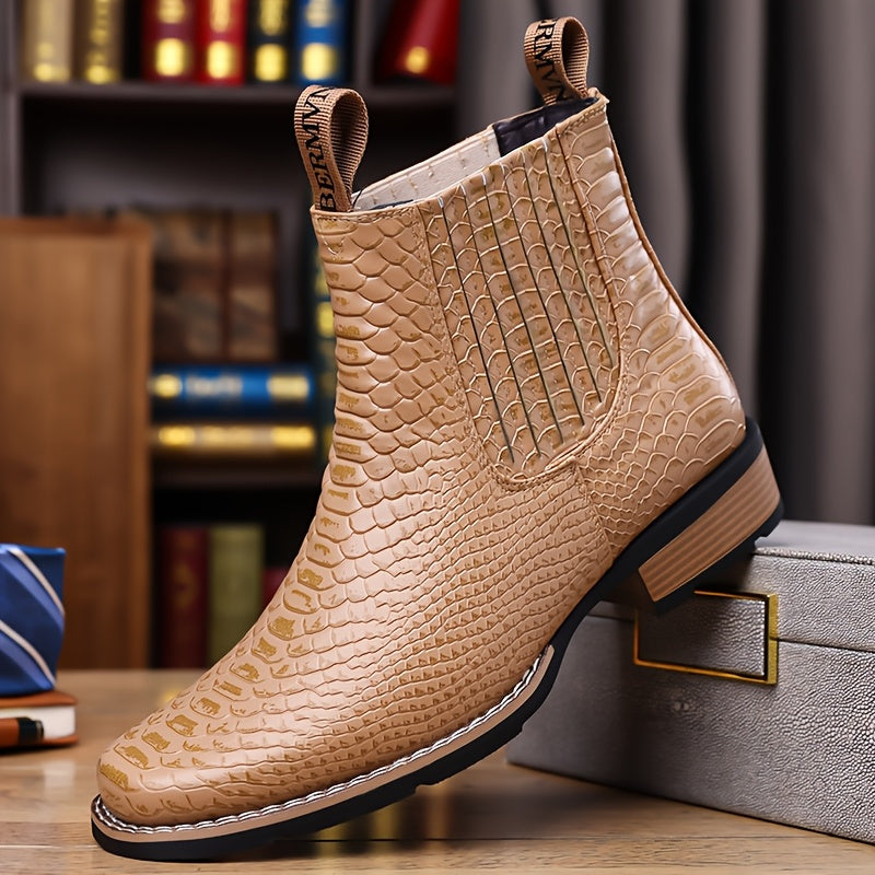 Herren Chelsea Boots mit Kroko-Muster, quadratischer Zehenkappe, Schwarz