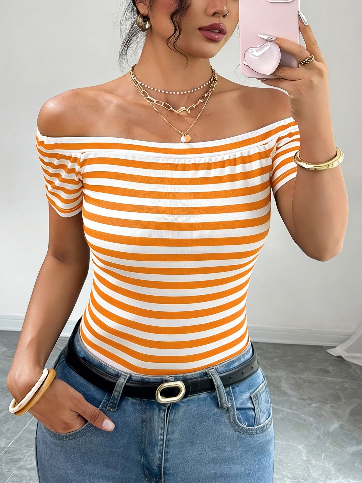 Damen Off-Shoulder Streifen-Shirt – Elegantes Bardot-Oberteil für Freizeit und Ausgehen