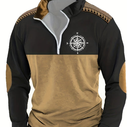 Herren Halb-Reißverschluss Pullover mit Kompass-Motiv, Kragen & Ellenbogen-Patches, Zweifarbig