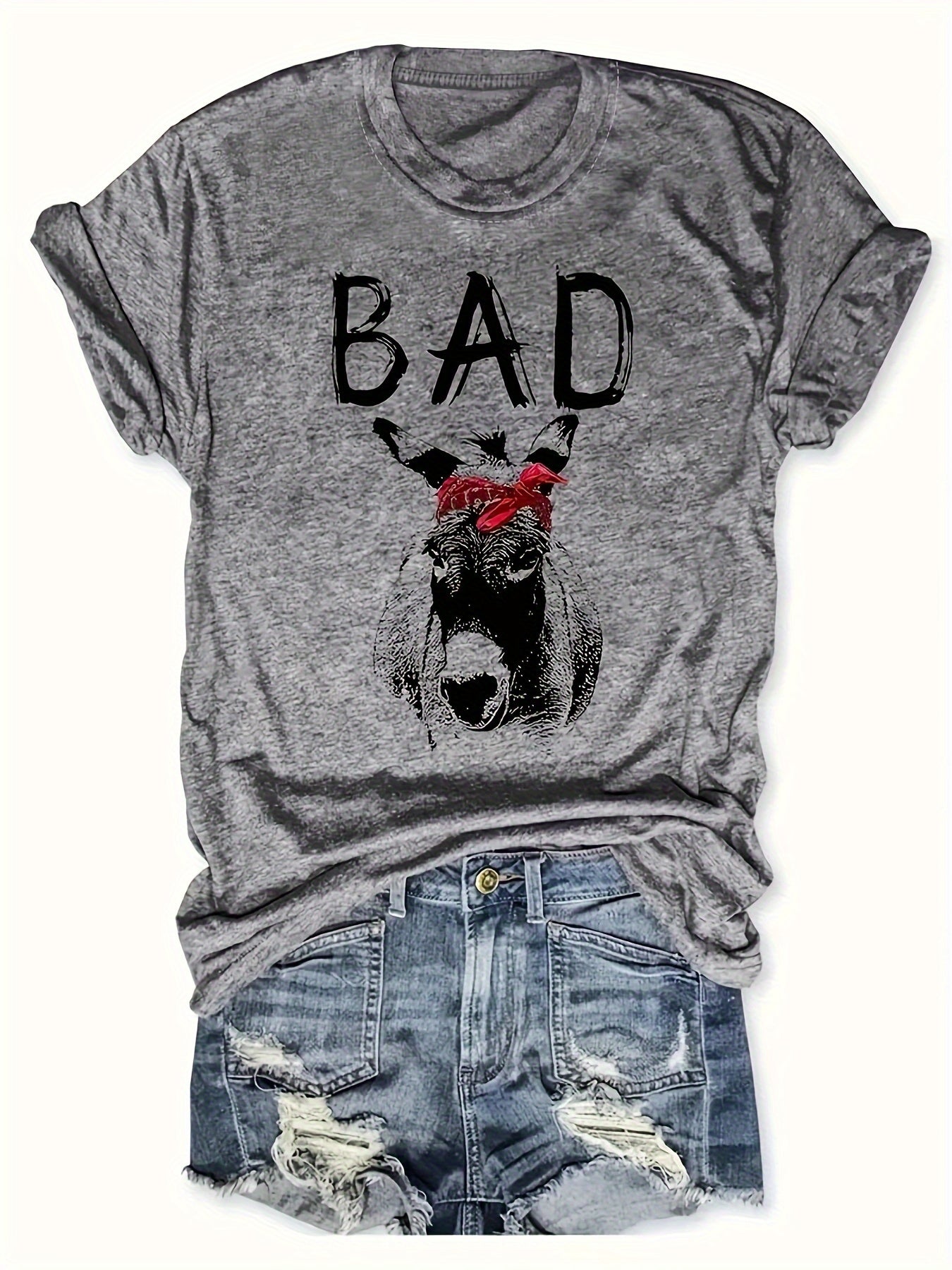 Damen T-Shirt mit Esel-Print und Schriftzug BAD – Lustiges Graphic Shirt im Casual Style