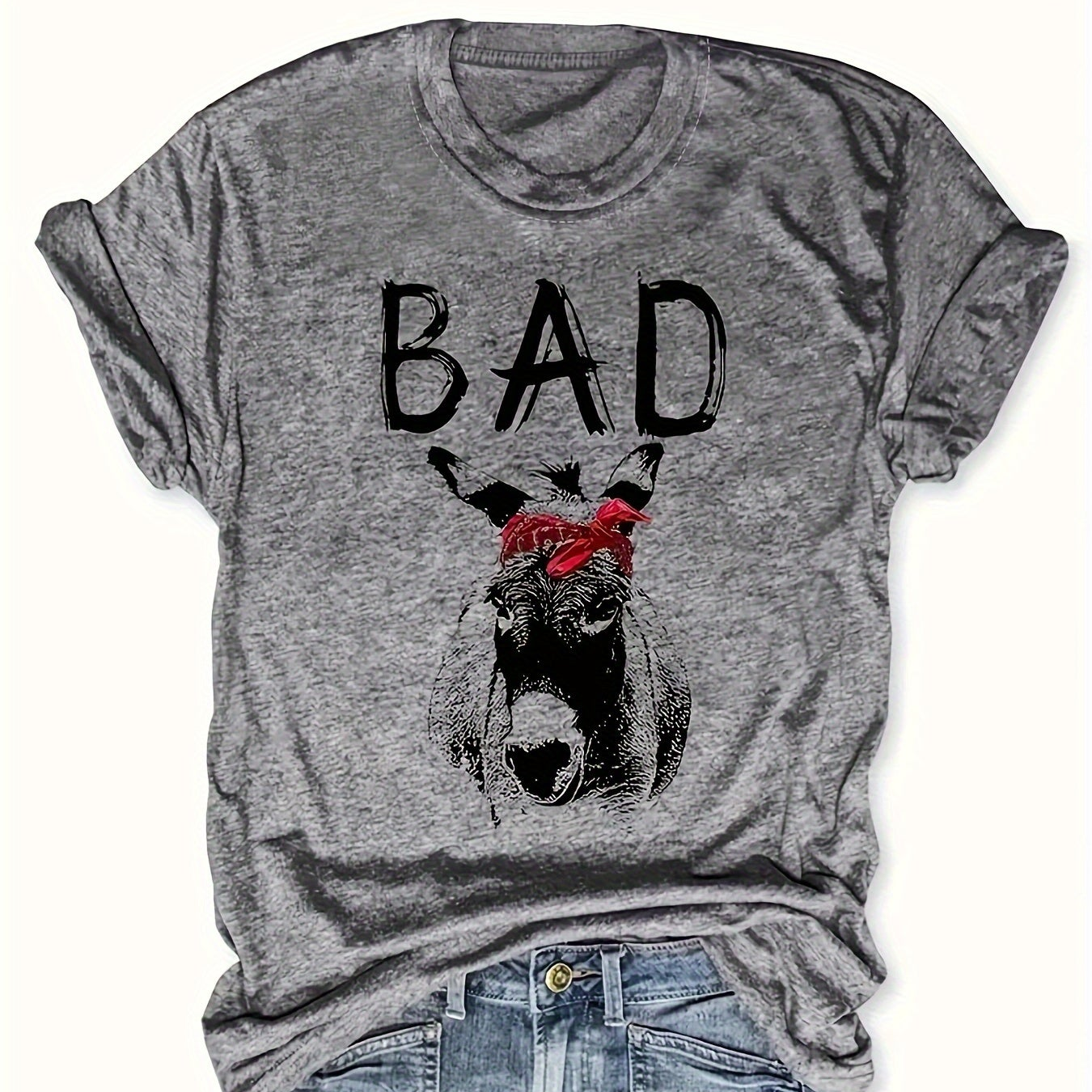 Damen T-Shirt mit Esel-Print und Schriftzug BAD – Lustiges Graphic Shirt im Casual Style