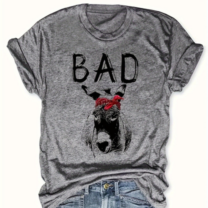 Damen T-Shirt mit Esel-Print und Schriftzug BAD – Lustiges Graphic Shirt im Casual Style