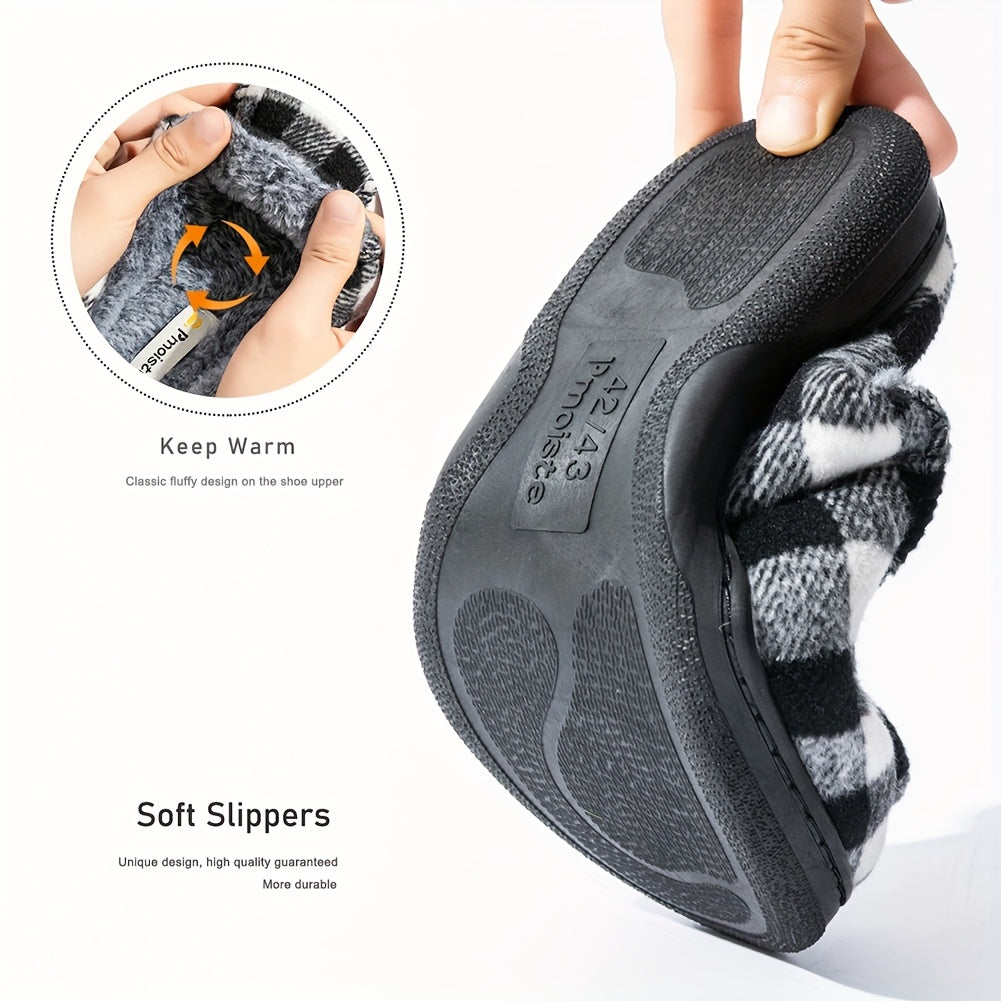 Unisex Hausschuhe Slipper Kariert Schwarz Weiß mit Plüschfutter