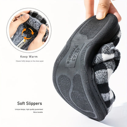 Unisex Hausschuhe Slipper Kariert Schwarz Weiß mit Plüschfutter