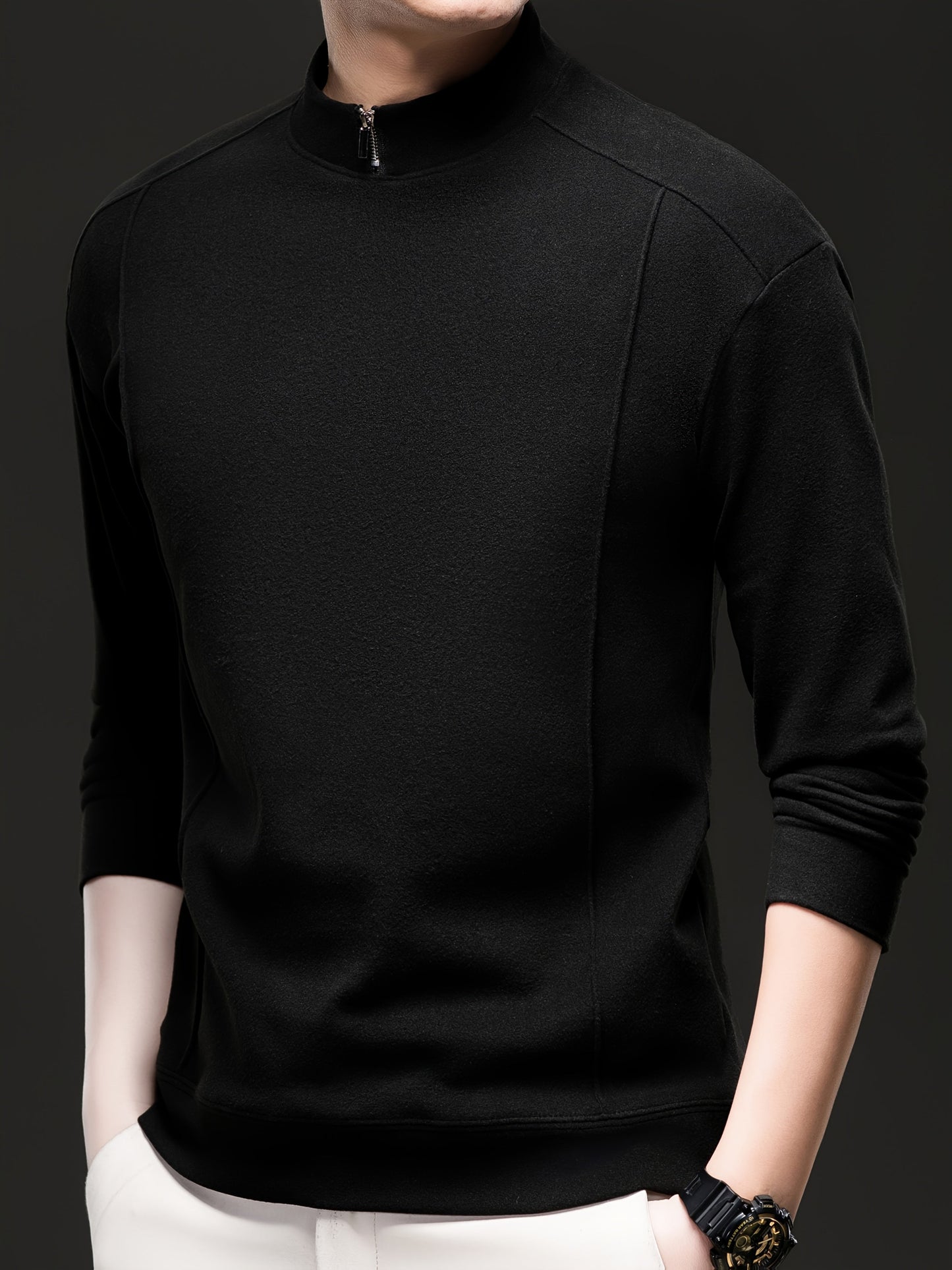 Herren Halb-Reißverschluss Pullover Stehkragen Langarm Shirt Uni