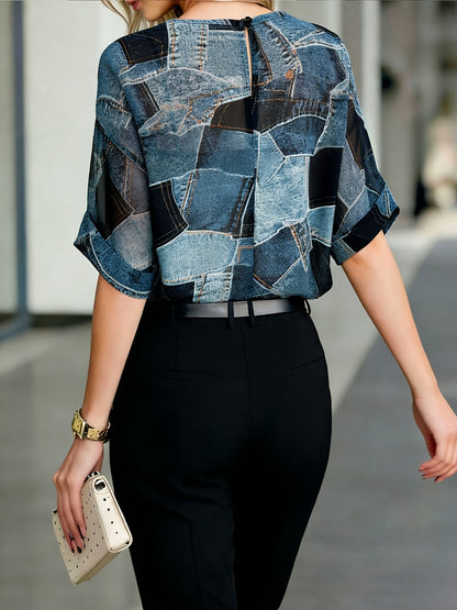 Damen Bluse mit großen floralen Prints und transparentem Overlay – Eleganter Stil für Büro und Freizeit