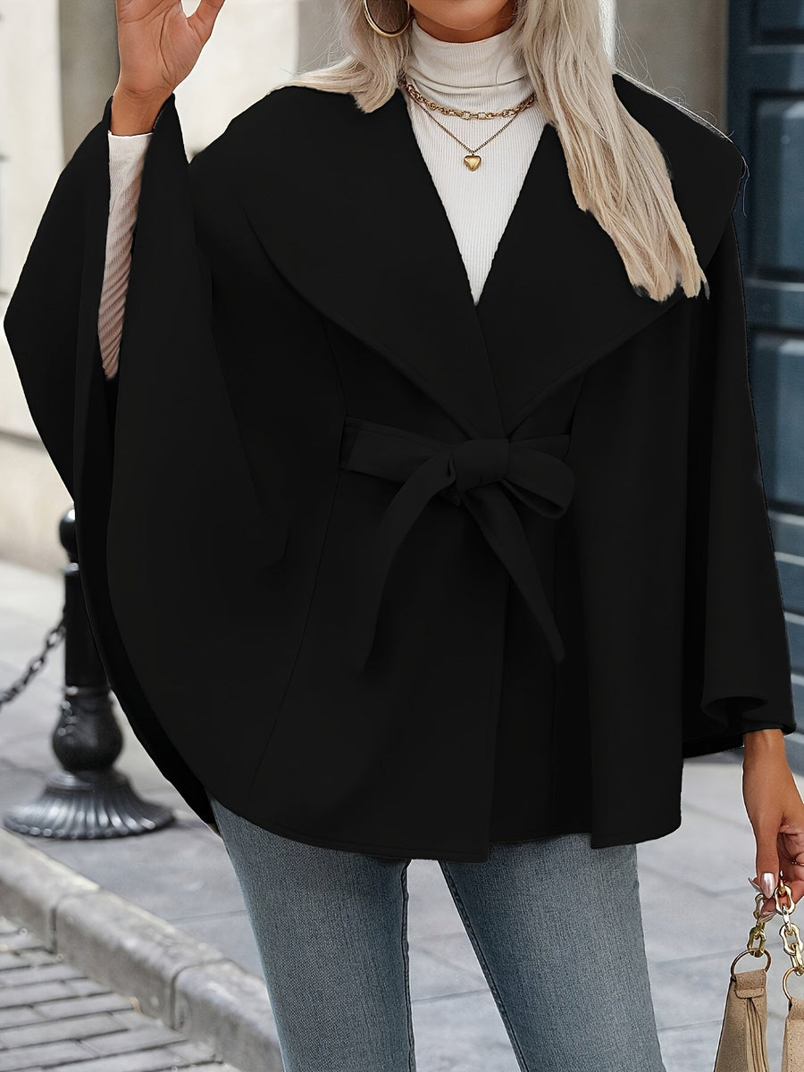 Damen Cape Mantel mit Bindegürtel, Wickelkragen und weitem Schnitt