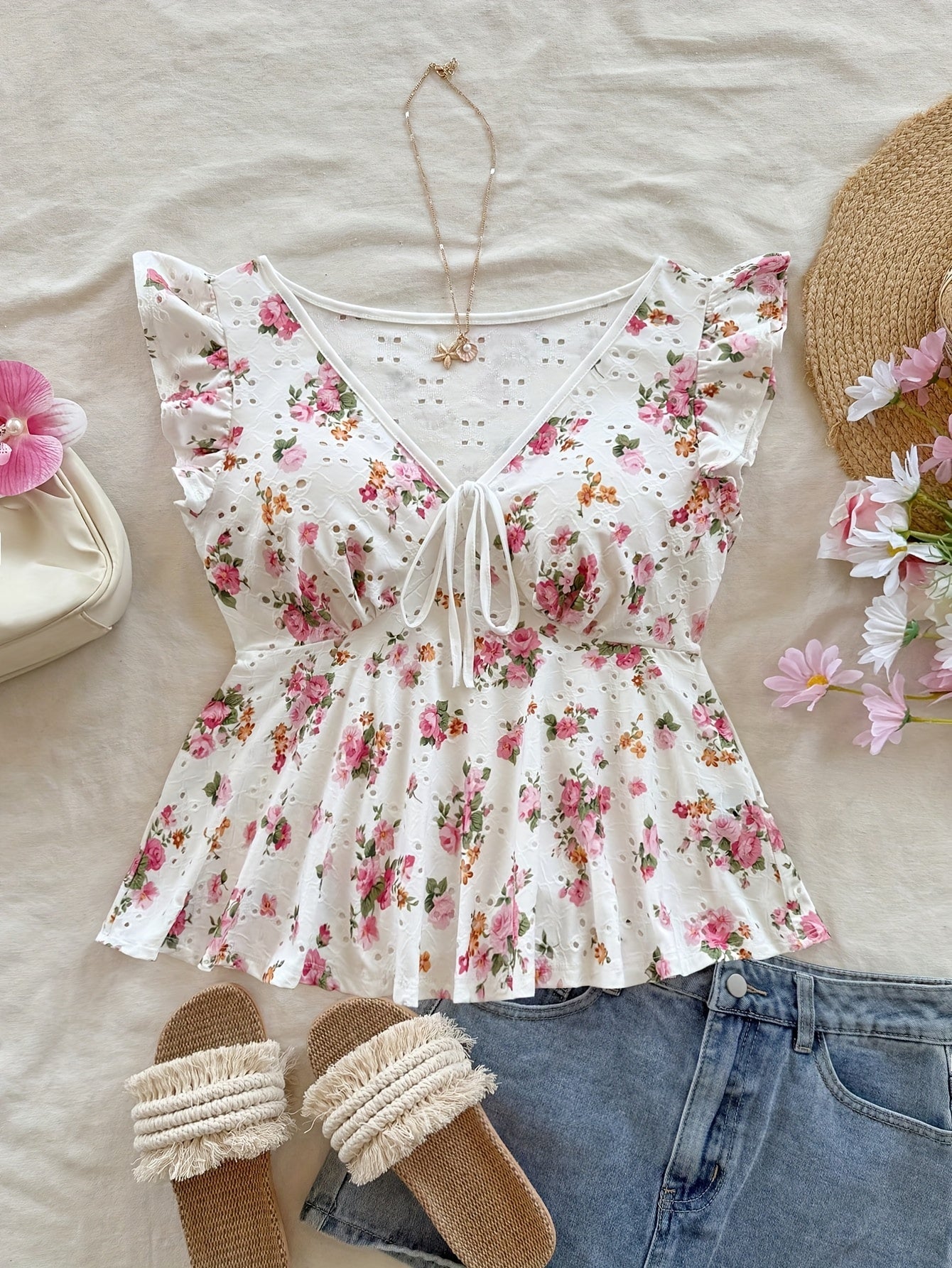 Damen Bluse mit Blumenmuster und Volantärmeln – Romantische Peplum Bluse für Alltag und Freizeit