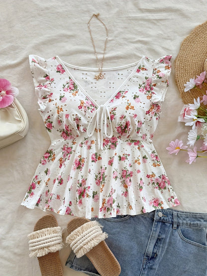 Damen Bluse mit Blumenmuster und Volantärmeln – Romantische Peplum Bluse für Alltag und Freizeit