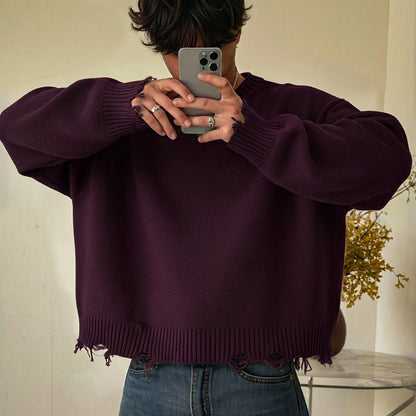 Unisex Distressed Pullover mit Rundhals und Rippstrickbündchen