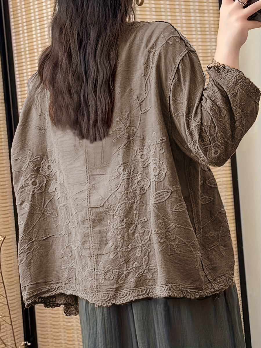 Damen Bluse Langarm V-Ausschnitt Bestickt mit Knopfleiste und Spitze