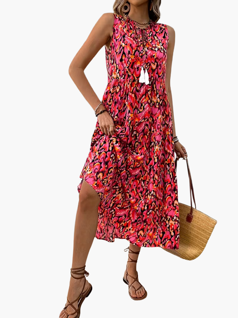 Damen Boho A-Linien Sommerkleid ärmellos – Luftiges Freizeitkleid mit Allover-Print und Quasten