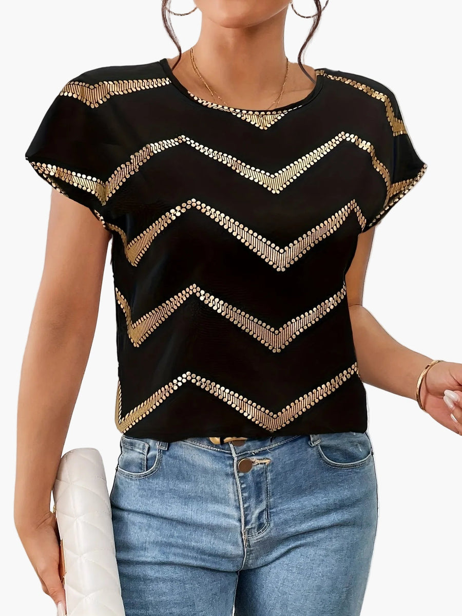 Damen Elegantes Batwing Top mit Metallic-Zickzackmuster für Alltag und Party