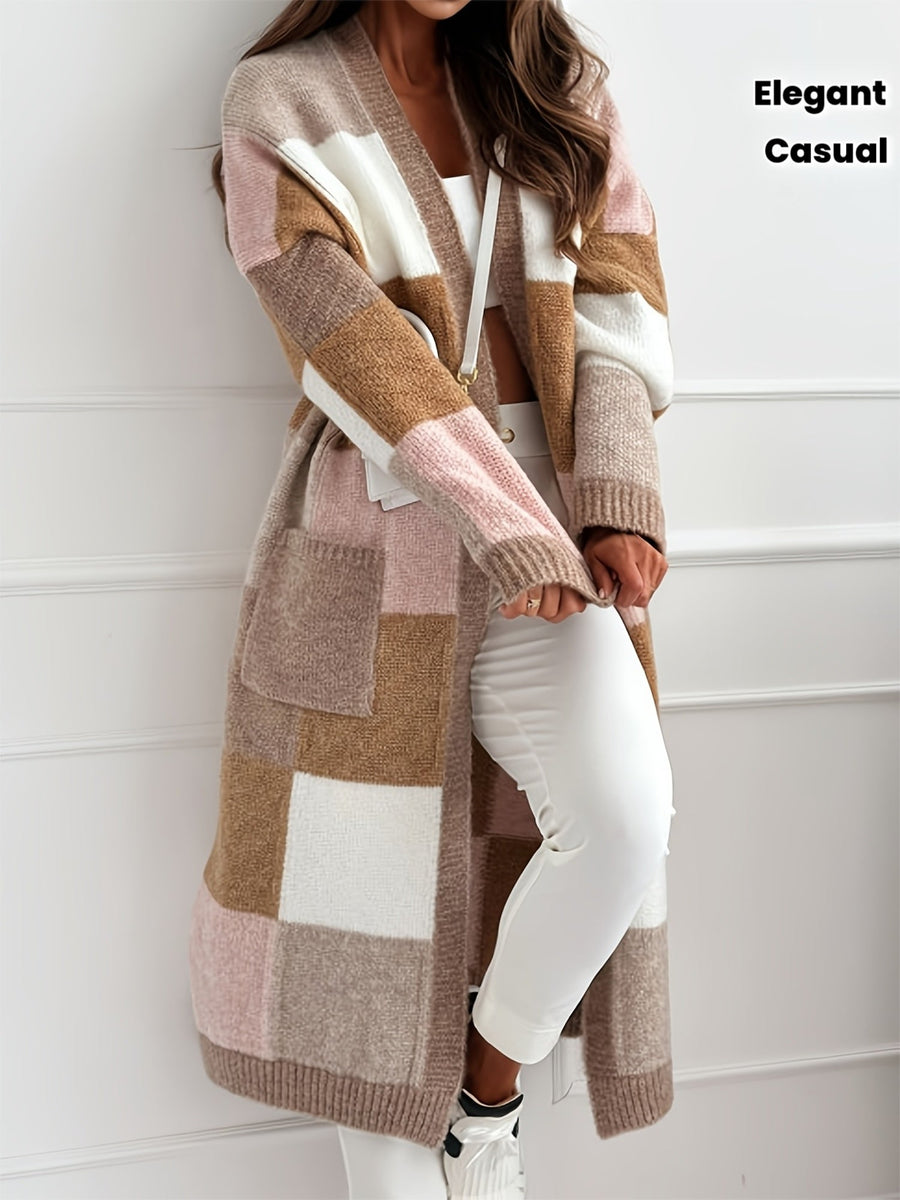 Damen Langer Strick-Cardigan mit Farbblock-Muster Beige Rosa Weiß