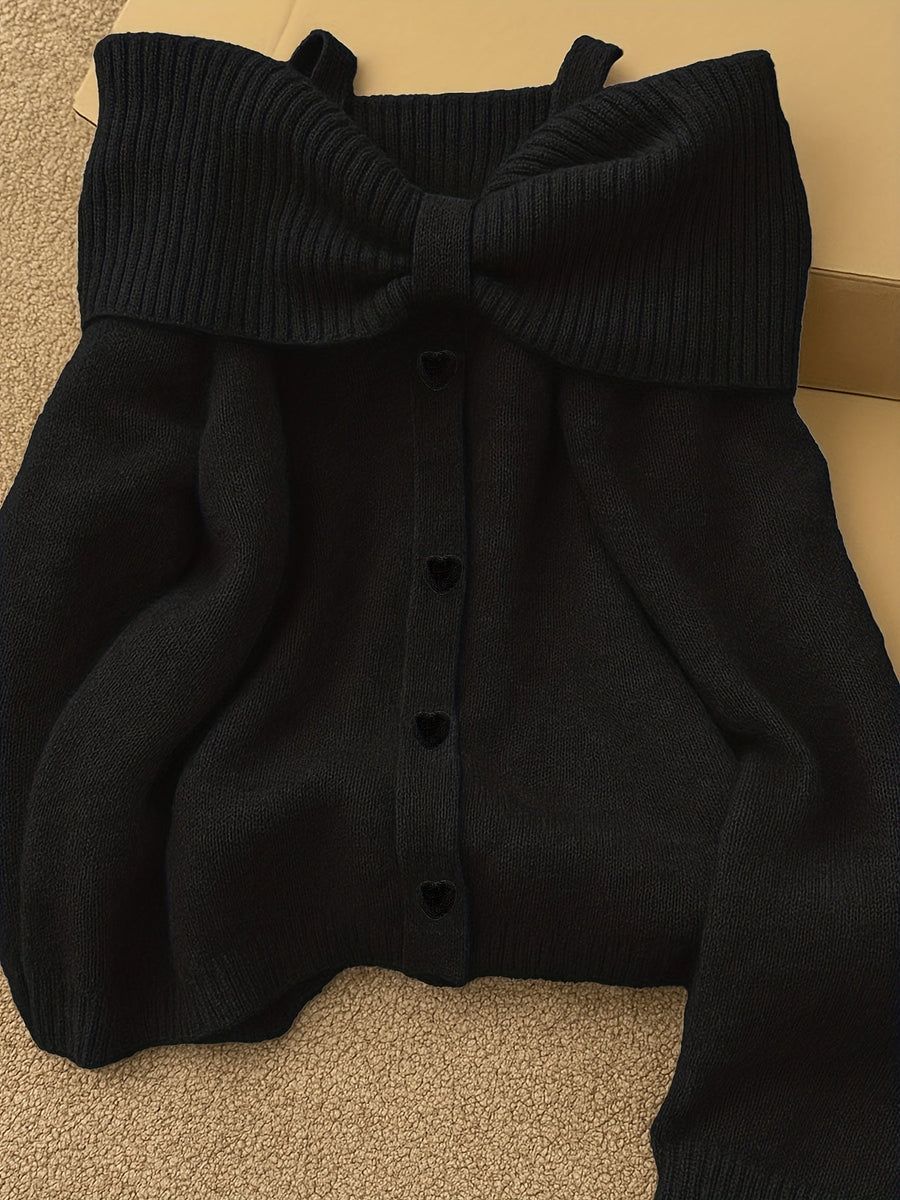 Damen Strickpullover Carmen-Ausschnitt Schleife Herzknöpfe