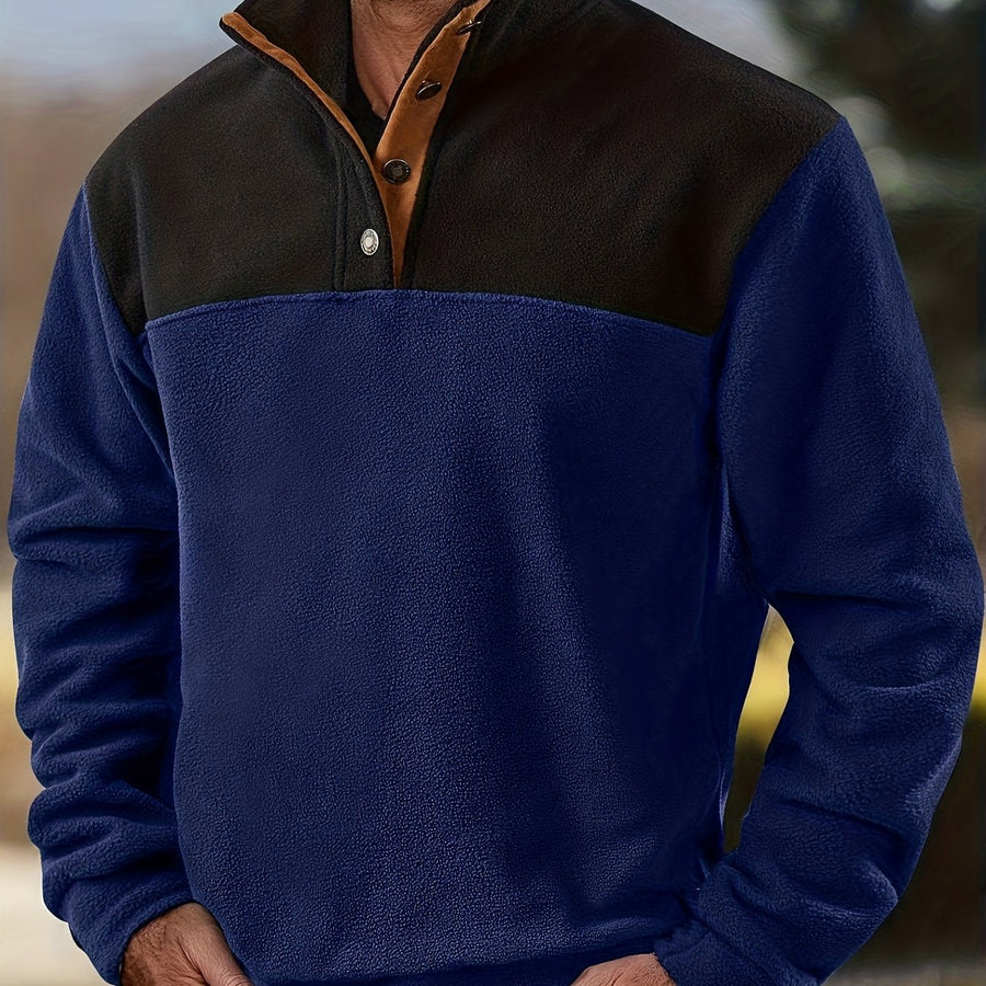 Herren Fleece Pullover mit Stehkragen und Knopfleiste - Zweifarbig
