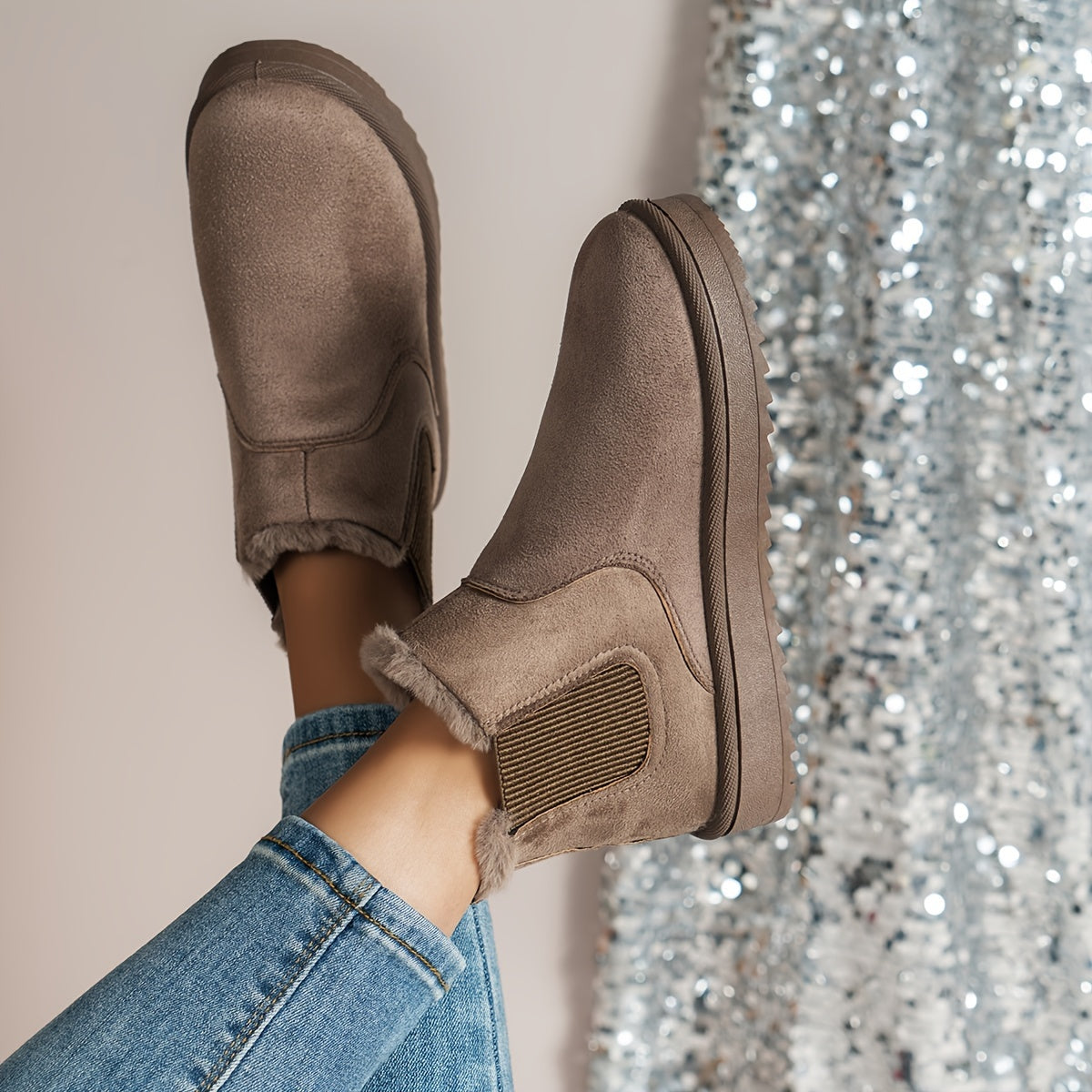 Chelsea Boots Damen gefüttert Winter Stiefeletten warm Plüschimitat Grau