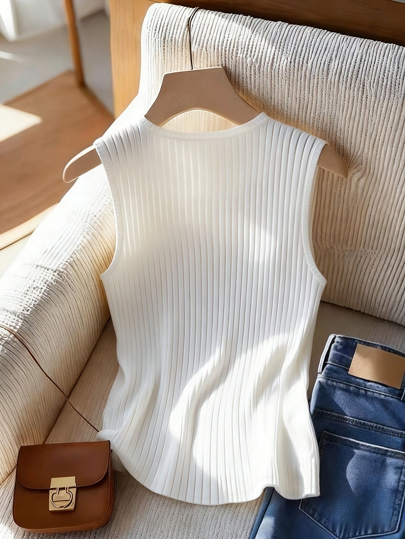 Damen Tanktop mit Rippstruktur und Knopf-Detail – Elegantes Freizeit-Oberteil
