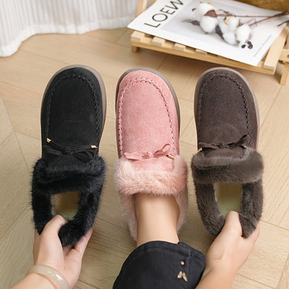 Damen Hausschuhe Rosa mit Kunstfellfutter & Schleife, Bequeme Winter Pantoffeln