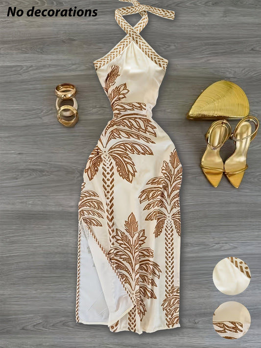 Damen Partykleid mit Palmenmotiv und Neckholder – Elegantes Abendkleid im Resort-Stil
