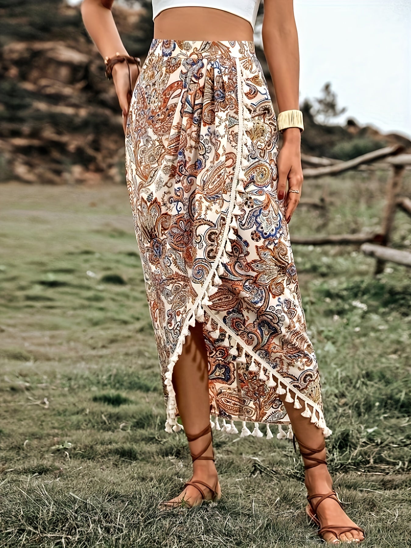 Damen Midirock Boho Wickelstil mit Paisley-Muster und Quasten für Freizeit und Festivals