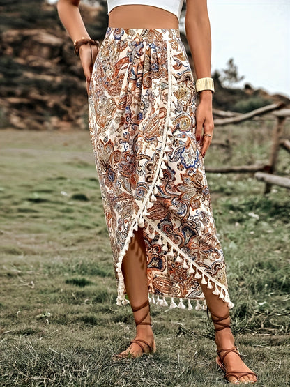 Damen Midirock Boho Wickelstil mit Paisley-Muster und Quasten für Freizeit und Festivals