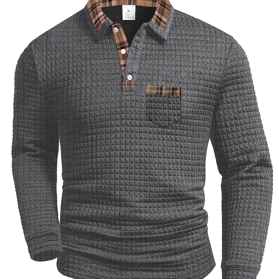 Herren Langarm-Poloshirt Waffelstruktur mit kariertem Kragen und Taschendetail