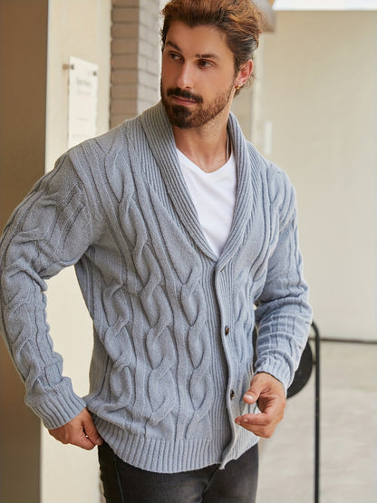Herren Strickjacke Schalkragen Zopfmuster Knöpfe