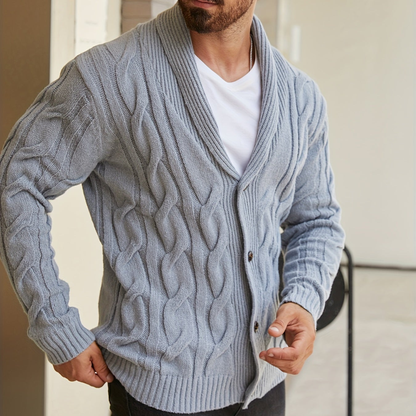 Herren Strickjacke Schalkragen Zopfmuster Knöpfe