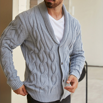 Herren Strickjacke Schalkragen Zopfmuster Knöpfe