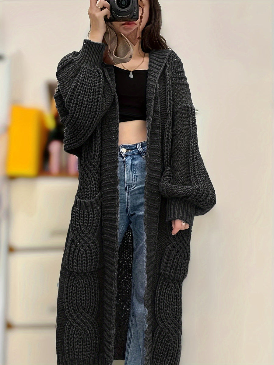 Damen Strickmantel Lang mit Kapuze Zopfmuster Strickjacke Grau
