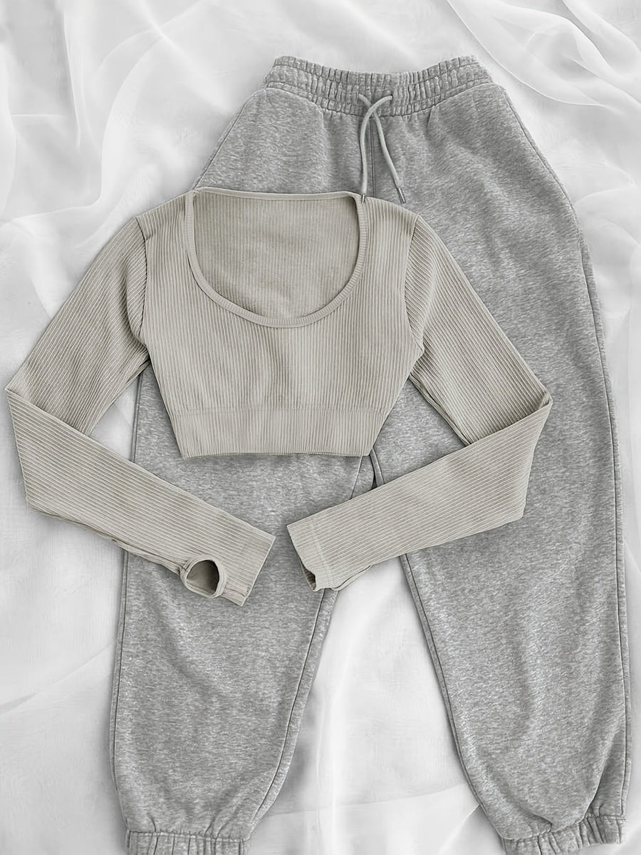 Damen Sport-Freizeit-Set geripptes Crop-Top Langarm + Jogginghose Grau