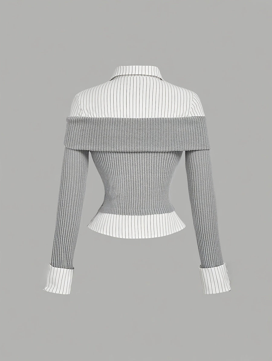 Damen Off-Shoulder Stricktop mit Hemdblusen-Details, gestreift, Grau-Weiß