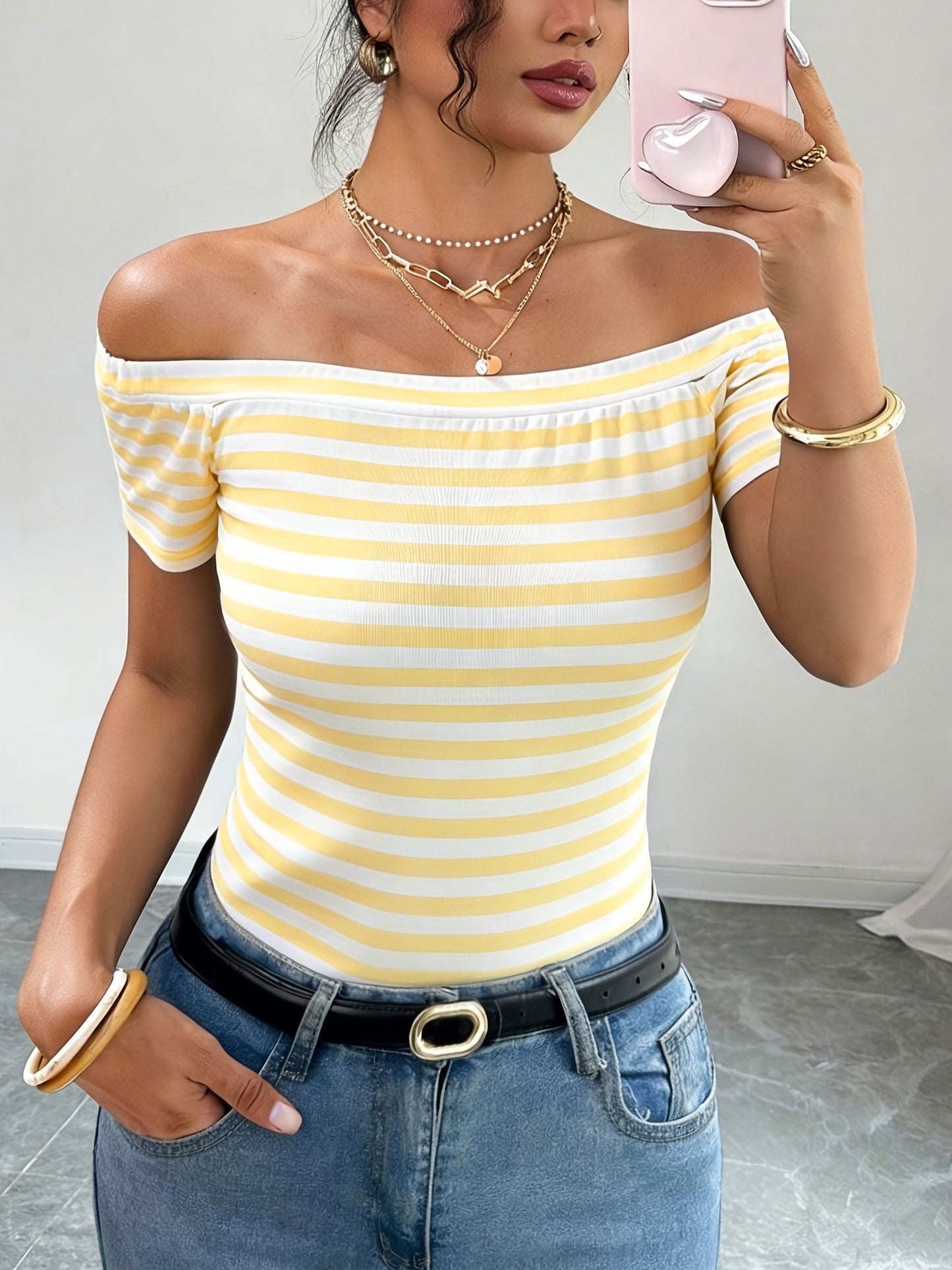 Damen Off-Shoulder Streifen-Shirt – Elegantes Bardot-Oberteil für Freizeit und Ausgehen