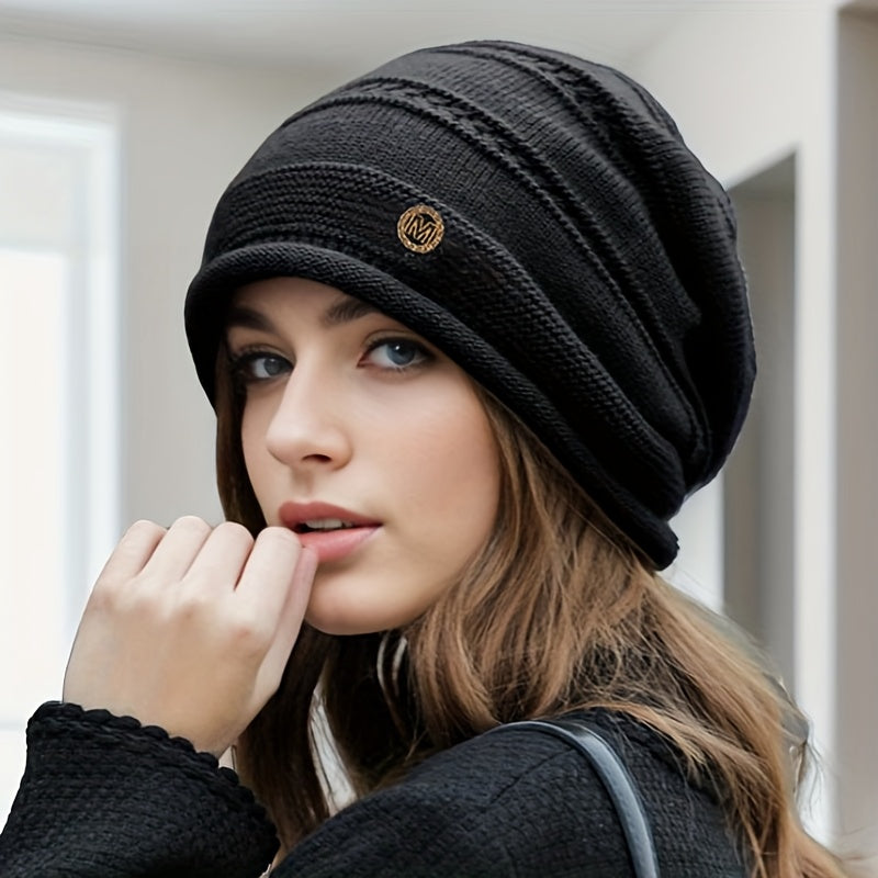 Slouchy Beanie Mütze Damen Strickmütze Beige mit Muster weiches Innenfutter