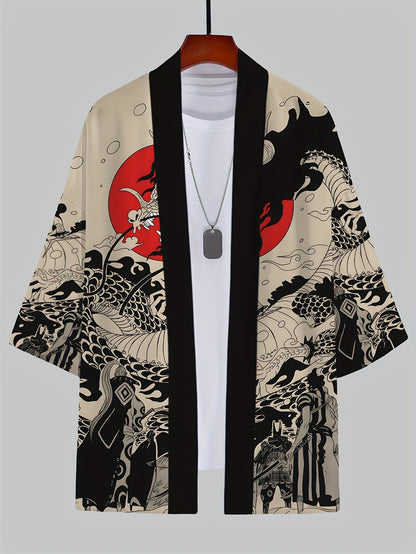 Herren Kimono Cardigan mit Drachen- und Samurai-Motiv – Japanischer Streetwear-Stil