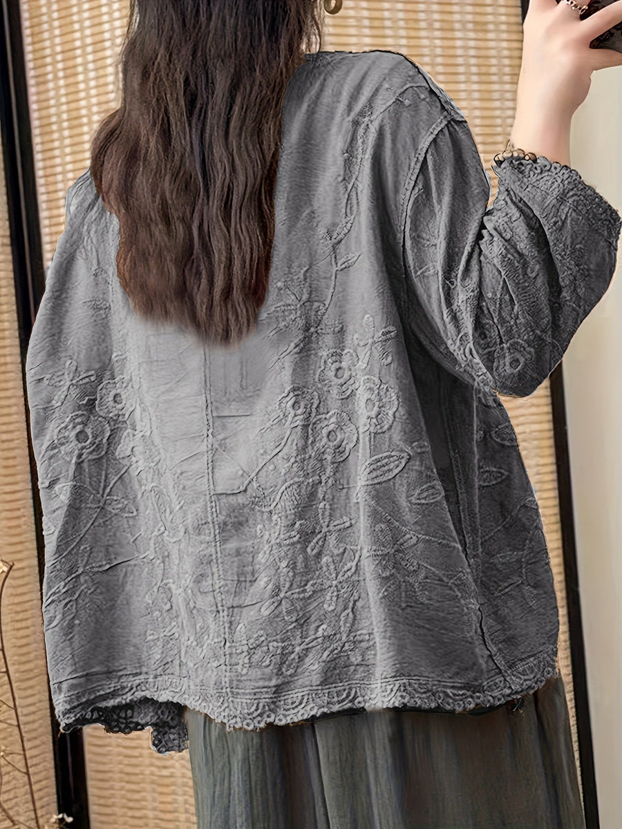 Damen Bluse Langarm V-Ausschnitt Bestickt mit Knopfleiste und Spitze