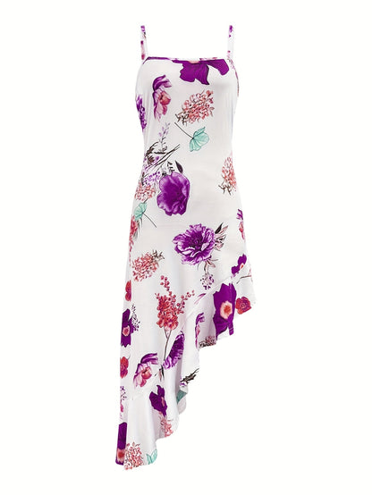 Damen Asymmetrisches Midi-Kleid mit Blumenmuster und Rüschen – Eleganter Look für Feste & Feiern