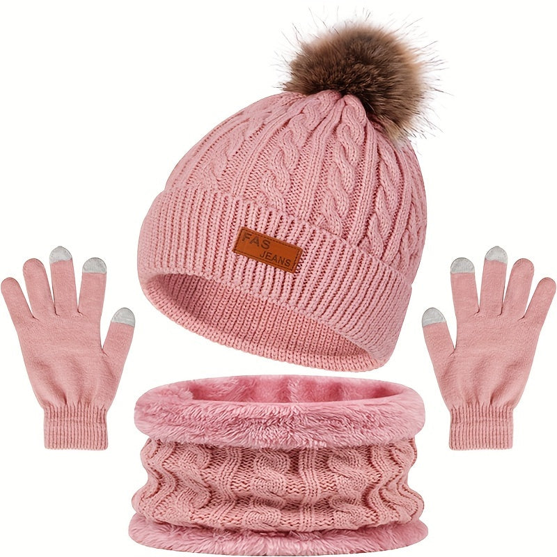 Unisex winterset met gebreide muts met pompon, sjaal en handschoenen