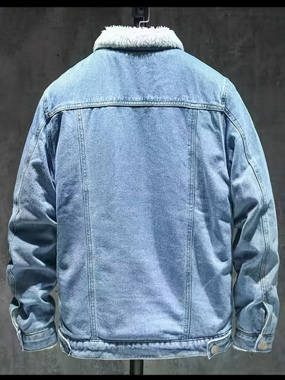 Jeansjacke Herren gefüttert mit Fellkragen Hellblau Winterjacke Baumwoll-Mix