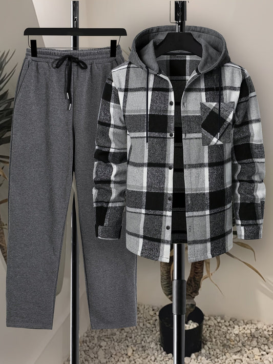 Herren Kariertes Flanell Hemd mit Kapuze & Einfarbige Jogginghose Set Grau