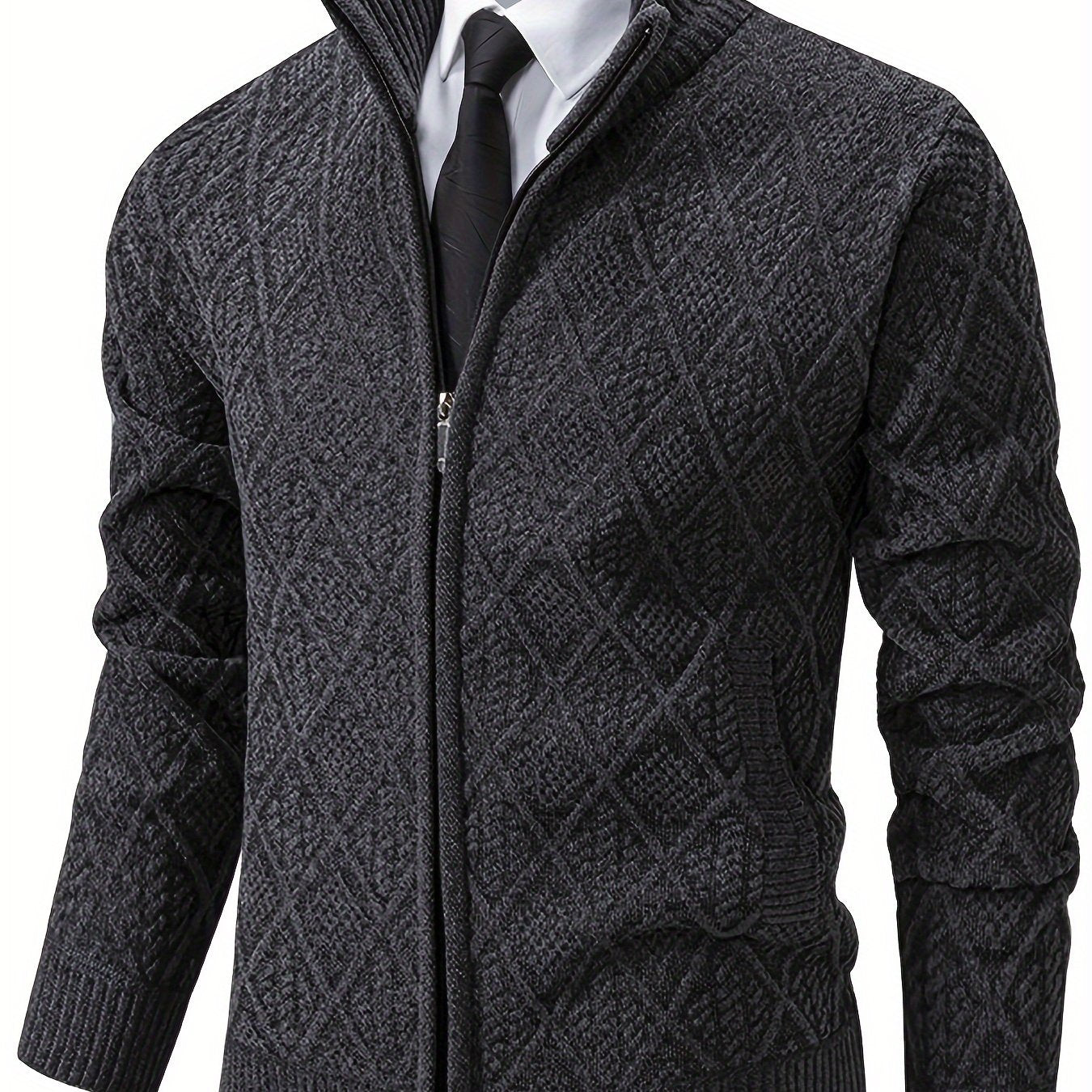 Herren Strickjacke mit Stehkragen, Reißverschluss und Rautenmuster