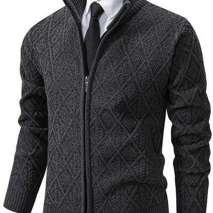 Herren Strickjacke mit Stehkragen, Reißverschluss und Rautenmuster