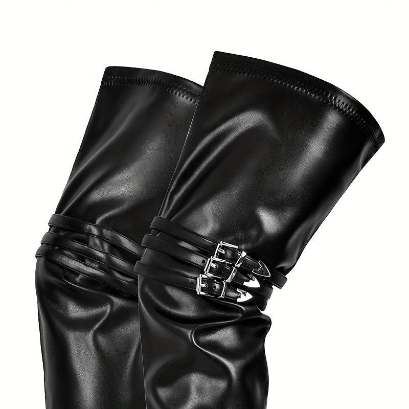 Damen Overknee Stiefel Schwarz mit Schnallen, Spitzem Zeh und hohem Absatz