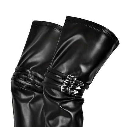 Damen Overknee Stiefel Schwarz mit Schnallen, Spitzem Zeh und hohem Absatz